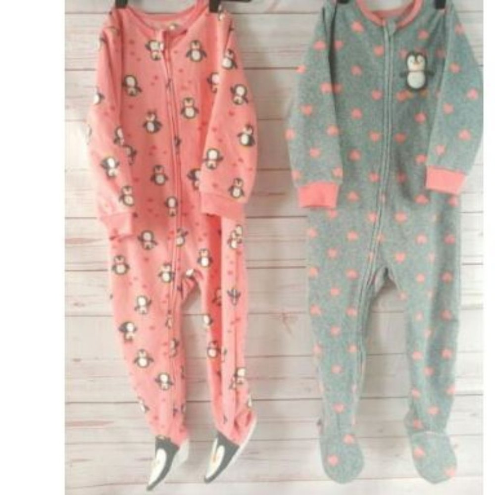 Lot Of 2 Absorba Zip Up Fleece Footed Pajamas Pink Gray Penguins Size 3T